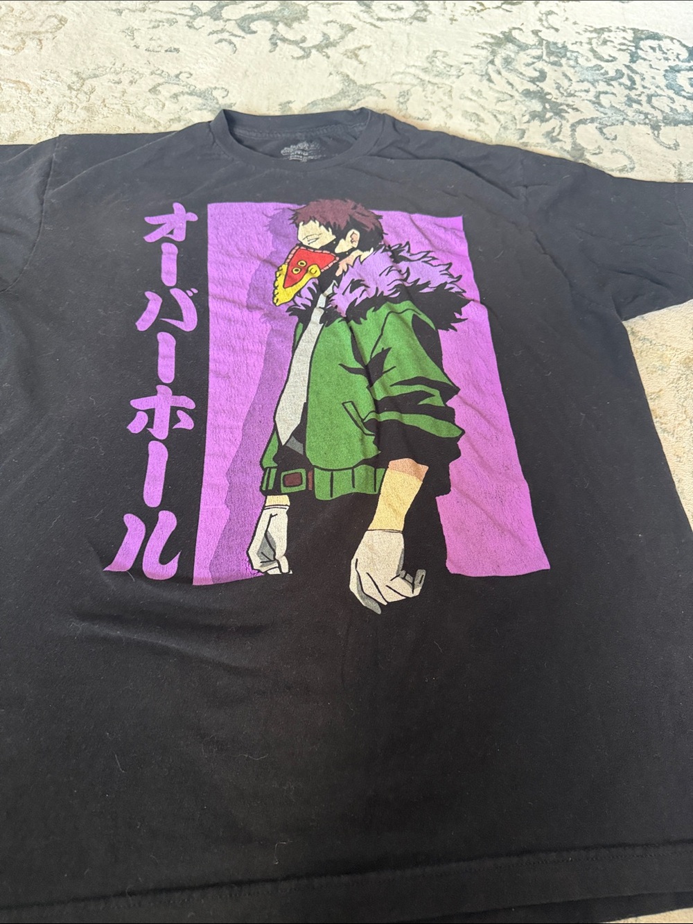 Men's Black Graphic Anime-Style Tee with Purple & Green Print